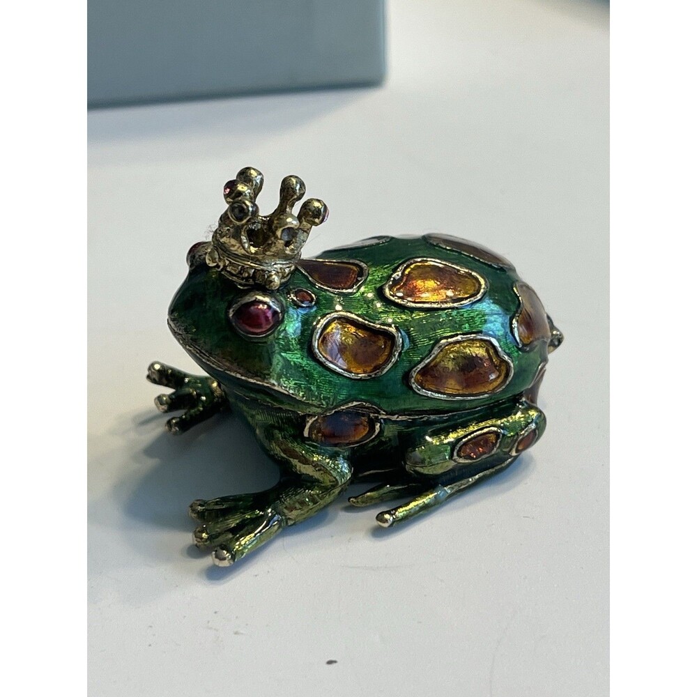 Vintage Monet Frog Prince enameled & jeweled crown Hinged Trinket / Treasure Box